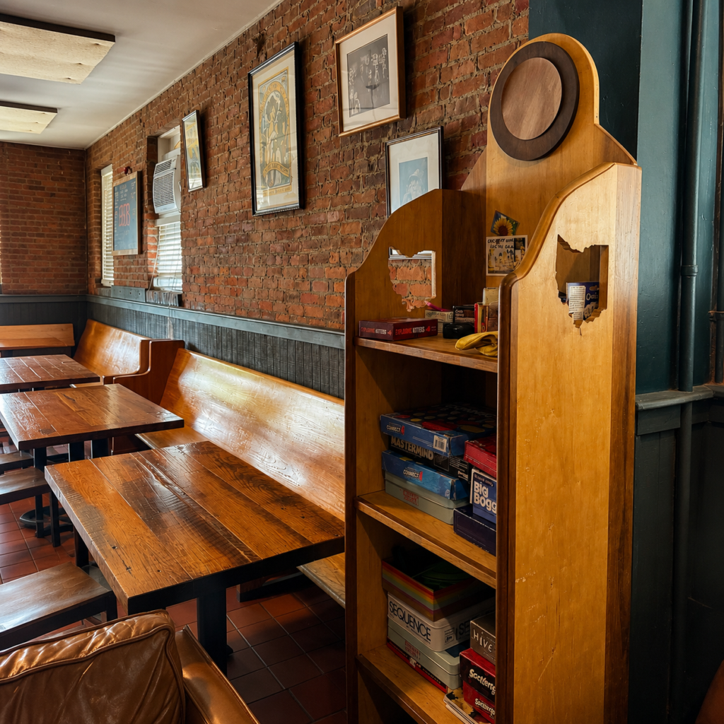 Cozy wooden booth seating and board game shelf against exposed brick wall at West End Ciderhouse in Athens, Ohio